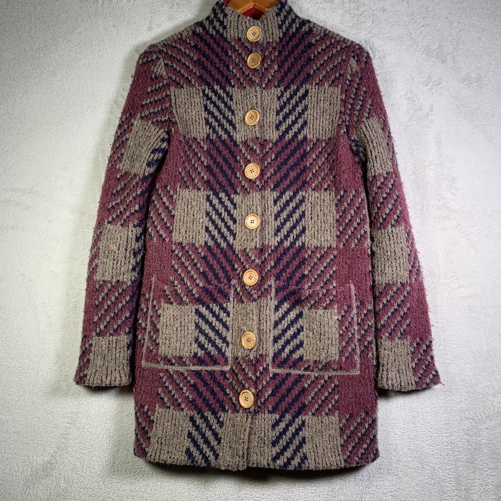 Free People Coatigan Jacket Womens XS Multicolor Plaid Knit Button Boho Pockets